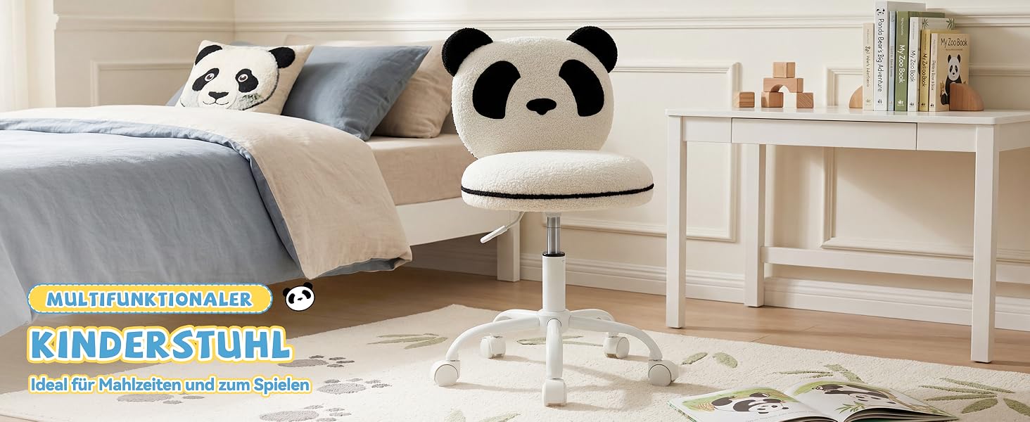 Der Text lautet: „KINDERSTUFF“ mit zusätzlichem Text unten. Kinderzimmerszene mit Panda-Plüschtieren auf einem Bett, weißen Möbeln, Regalen mit Büchern und Dekorationsgegenständen auf beigem und weißem Interieur.