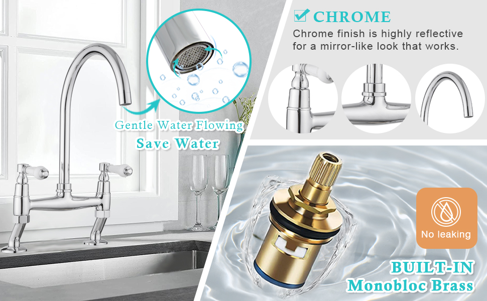 Faucet components featuring chrome finish for mirror-like look, water-saving technology, and built-in monobloc brass construction to prevent leaking.