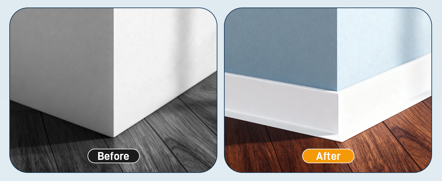 Text reads 'Before' and 'After'. Before/after comparison showing baseboard gap correction - left shows gap under white wall, right shows sealed connection to wooden floor.