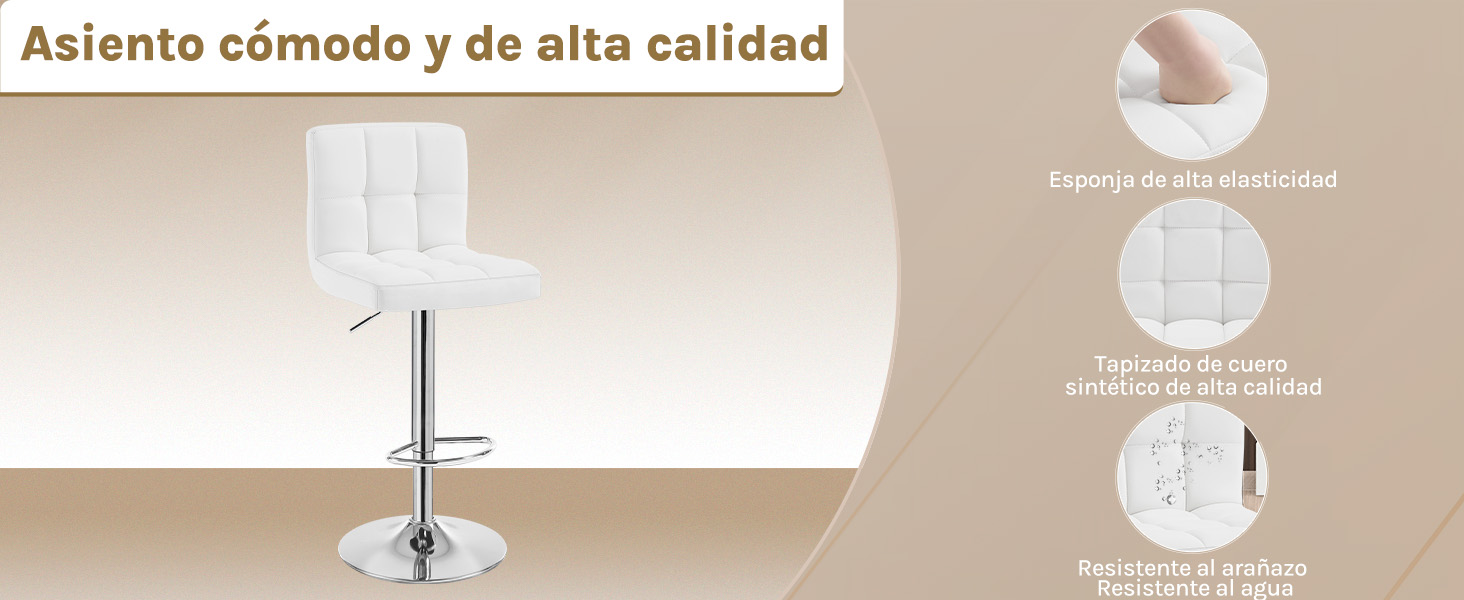 Diagrama de información del producto para una silla ajustable que muestra características de comodidad y calidad con encabezados de texto en español