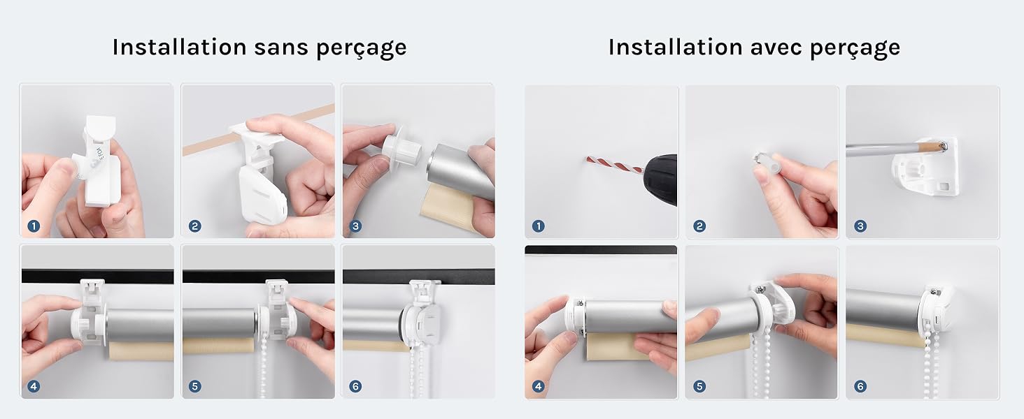 Le texte indique « Installation sans perçage » et « Installation avec perçage ». Guide d'installation similaire présentant d'autres étapes de montage pour l'installation de panneaux transparents.