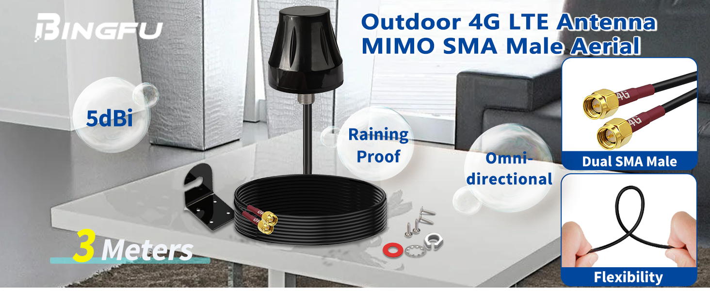 Outdoor 4G LTE antenna with 5dBi gain, 3-meter cable, and dual SMA male connectors. Features include rain-proof design and omni-directional coverage.