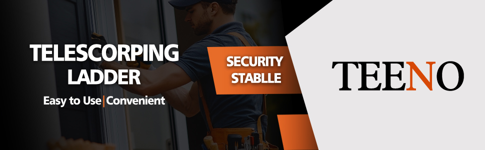 Il testo recita «TEENO» e «TELESCOPING LADDER SECURITY STABILITY». Il prodotto sembra essere materiale promozionale per una scala telescopica.