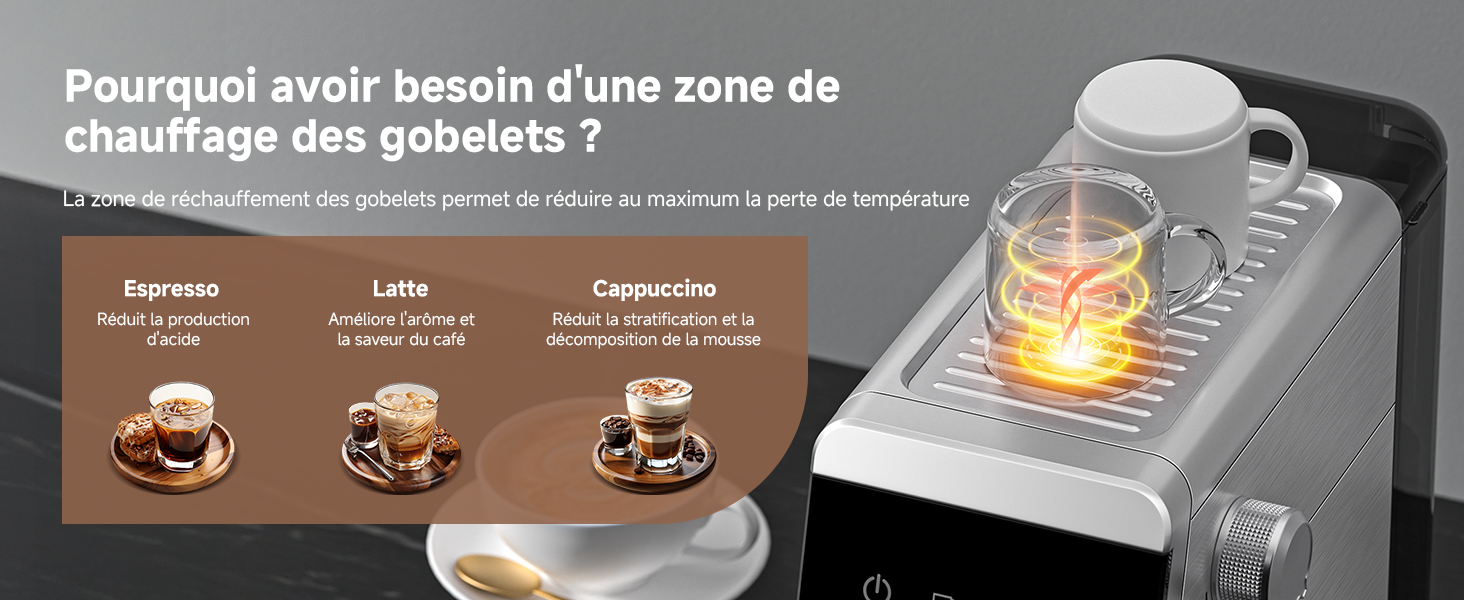 avec plaque chauffante éclairée. L'écran affiche les options d'espresso, de latte et de cappuccino avec un texte en français expliquant la nécessité d'une zone de réchauffement des tasses