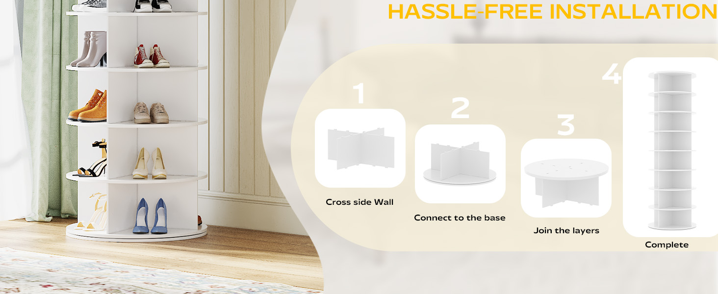 Text reads "HASSLE-FREE INSTALLATION" on banner. Interior shelving unit with white storage compartments and organizational boxes displayed alongside installation instruction graphics.