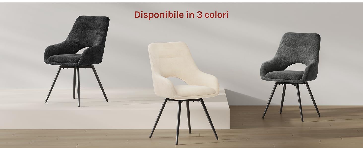 Il testo dice «Disponibile in 3 colori». Tre moderne sedie da pranzo imbottite esposte in nero, crema e grigio scuro con gambe in metallo su sfondo neutro.