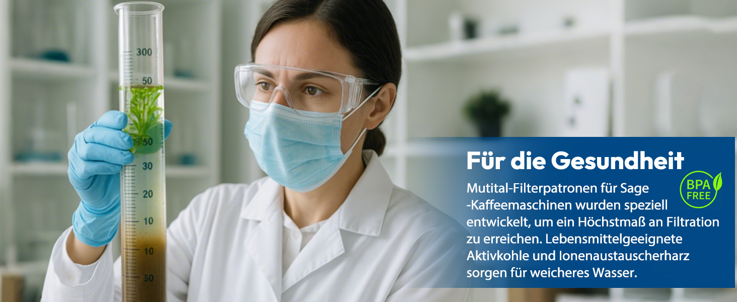 Der Text lautet „Für die Gesundheit“. Laborszene, die einen Forscher in Schutzausrüstung zeigt, der grüne Flüssigkeit im Reagenzglas untersucht.