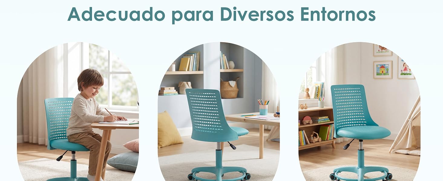 El texto dice «Adecuado para Diversos Entornos». Serie de fotos de estilo de vida que muestran una silla de oficina de color verde azulado en diferentes ambientes de la habitación, incluyendo el área del escritorio y la sala de estar.