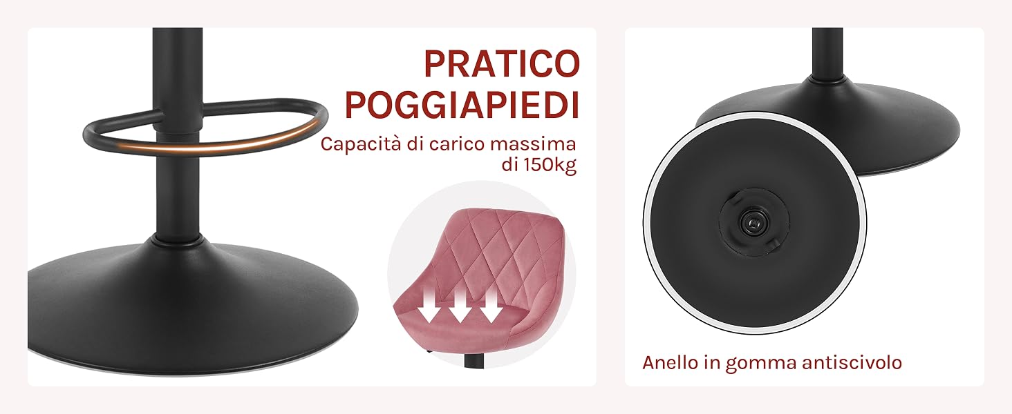 Base circolare nera per sgabello da bar con anello poggiapiedi. Le caratteristiche includono una capacità di carico di 150 kg, un anello in gomma antiscivolo e un cuscino trapuntato rosa