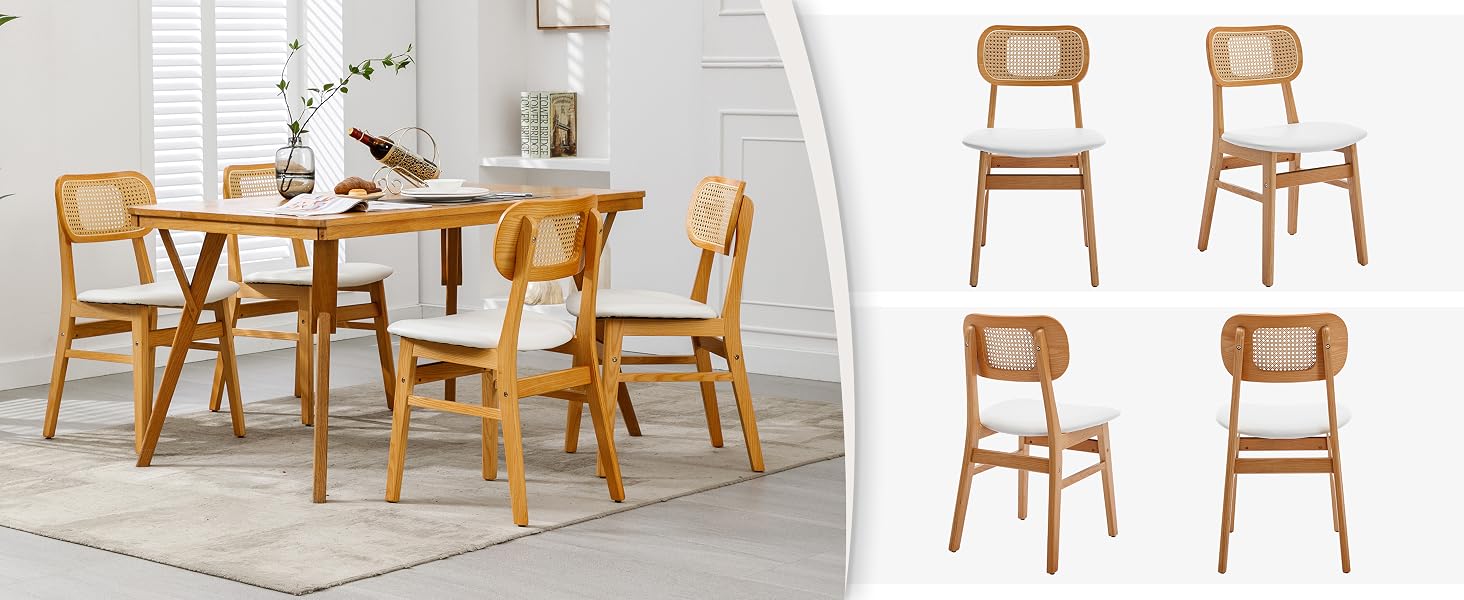 avec table rectangulaire et quatre chaises. Les chaises sont dotées de dossiers en rotin tressé. Le panneau de droite montre des vues individuelles des chaises sous différents angles.