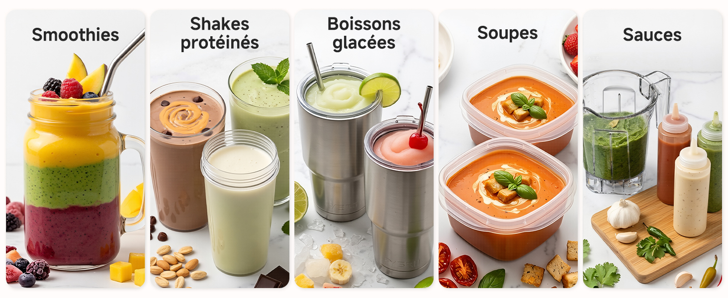 Le texte se lit comme suit : « Smoothies, shakes protéicos, molcajetes, sopas, sauces ». Vitrine de produits présentant cinq catégories : smoothies aux fruits, boissons protéinées, bols de molcajetes, soupes et sauces contenant divers ingrédients frais.