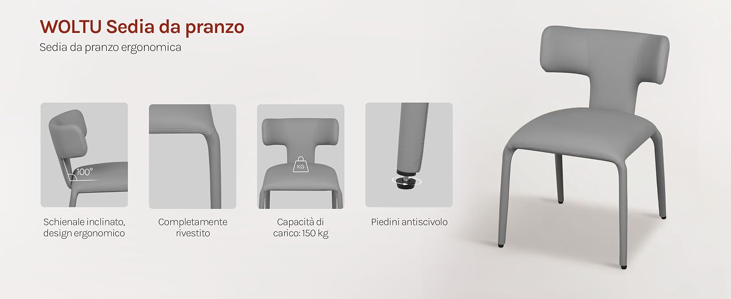 Serie di diagrammi che mostrano le fasi di assemblaggio di una sedia grigia. Il testo recita 'WOLIO Sedia da pranzo' con diverse illustrazioni dettagliate.
