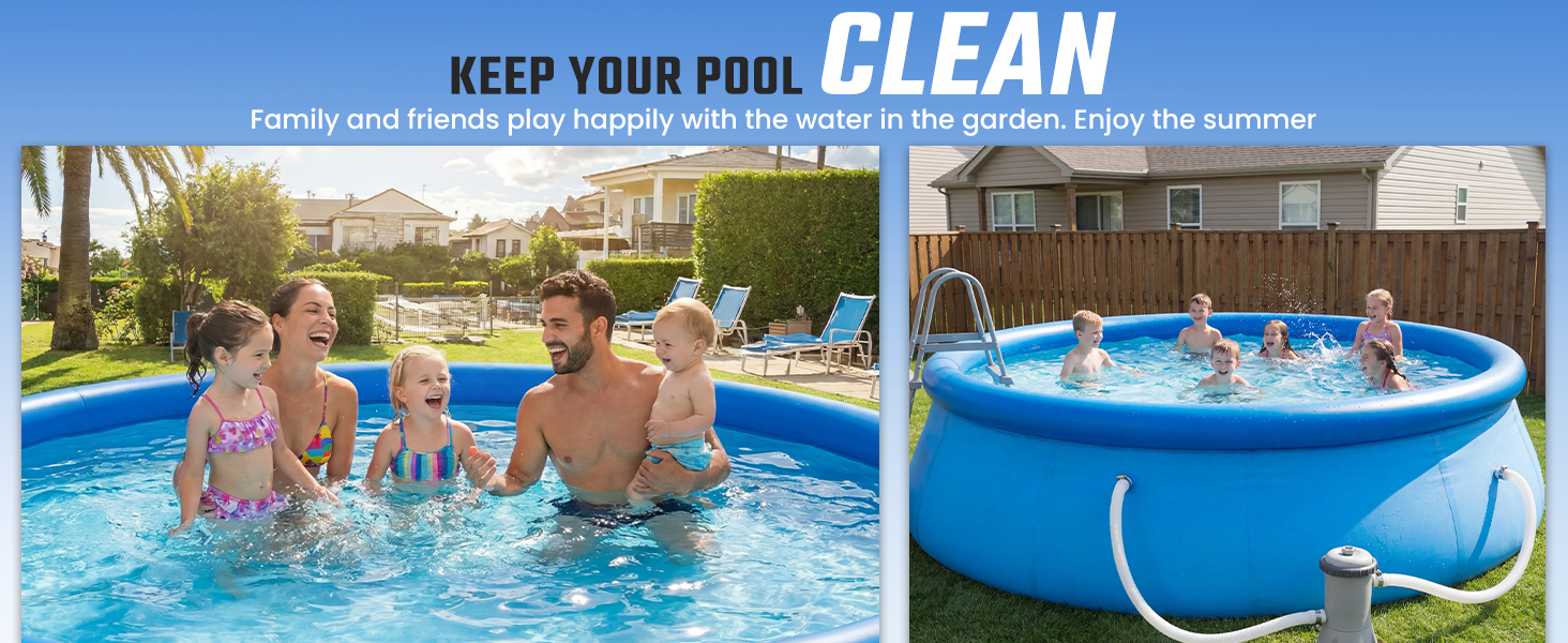 Text reads 'KEEP YOUR POOL CLEAN'. Split image showing family swimming in large blue inflatable pool and separate view of same pool in backyard setting.