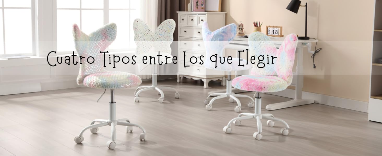 Dos sillas de oficina ajustables con coloridos respaldos en forma de alas de mariposa en colores pastel. Las sillas tienen bases y ruedas blancas, colocadas en una habitación luminosa con muebles