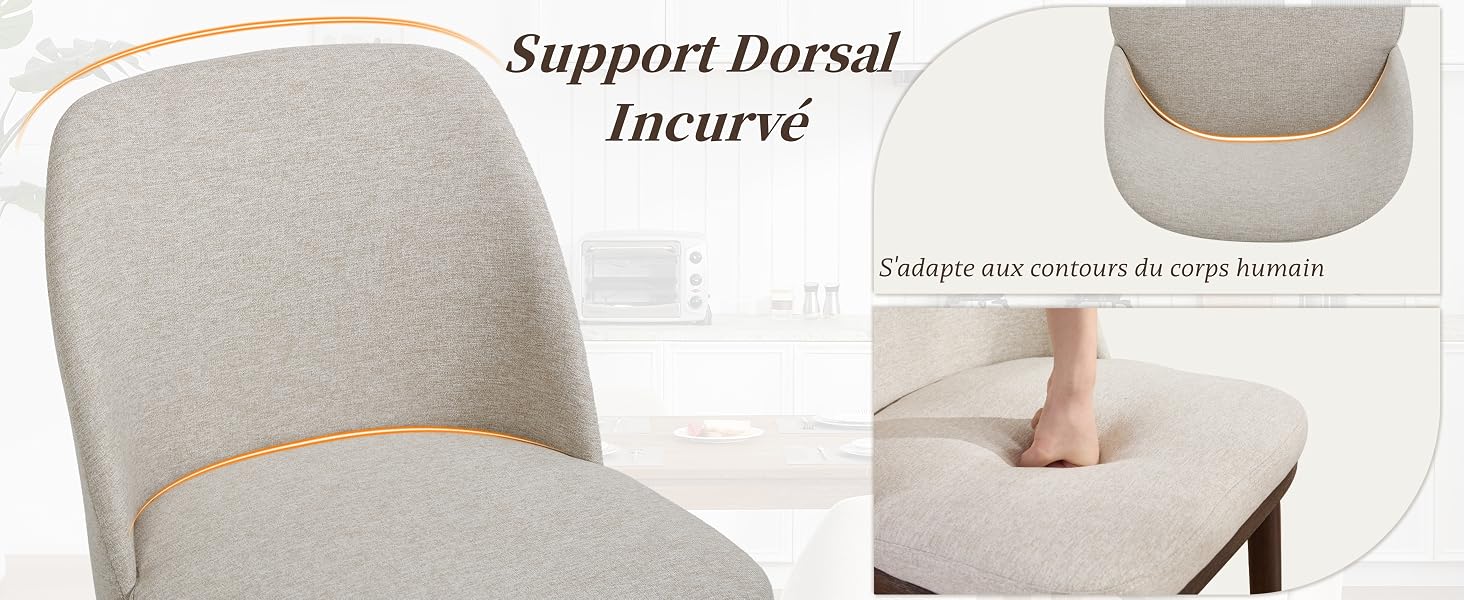 Le texte indique « Soutenez l'incurve dorsale ». Plusieurs vues d'un rembourrage ou d'un matériau de support ergonomique gris présentant un design incurvé et une texture de surface.