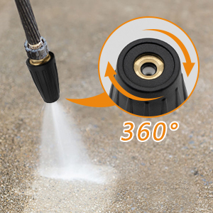 Pressure washer nozzle in action with 360-degree rotation indicator, spraying water onto concrete surface.