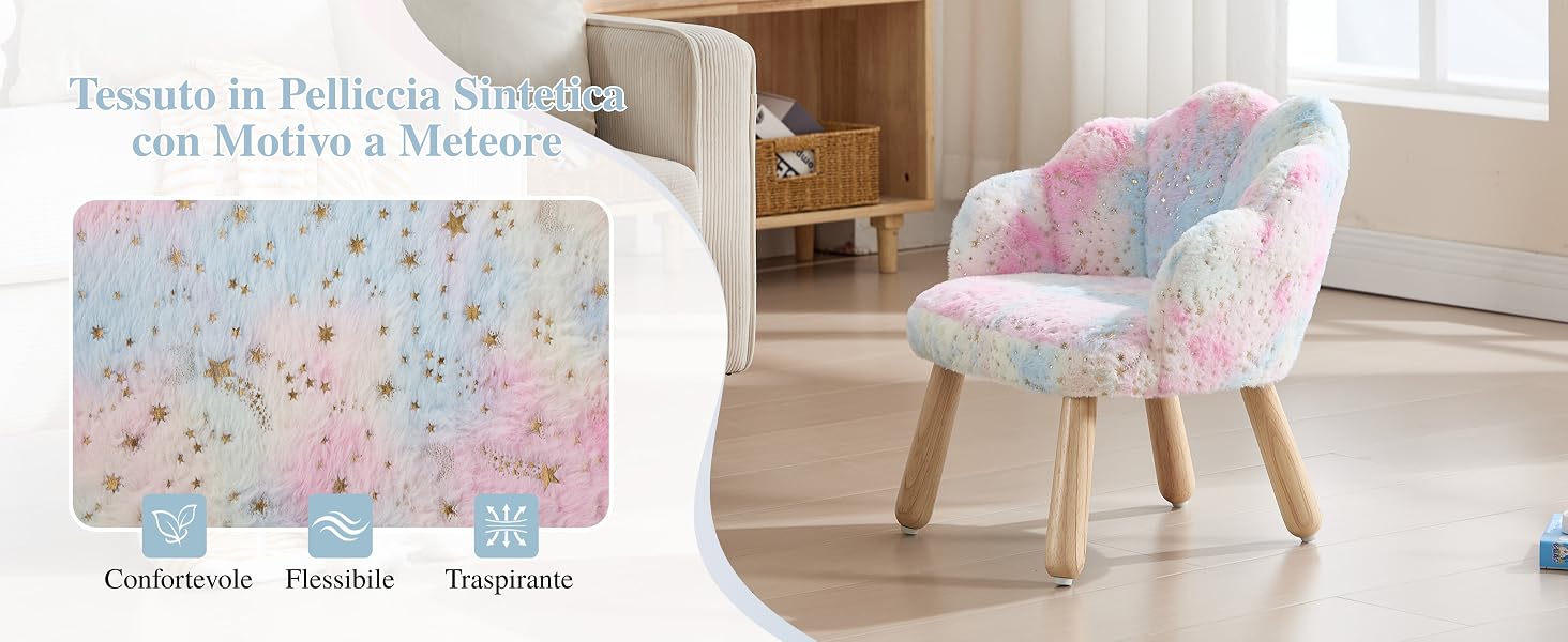 Istruzioni dettagliate per l'assemblaggio dei mobili che mostrano la sedia dal design rosa e floreale assemblata, con i pezzi di collegamento e i componenti hardware visualizzati.