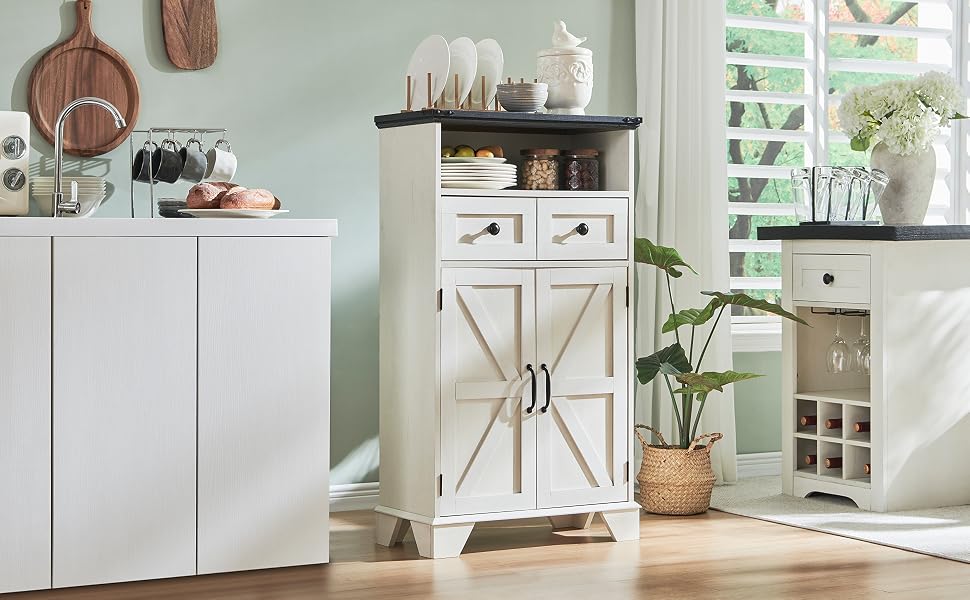Série d'armoires ou de placards de rangement blancs présentés dans différentes configurations sur des murs clairs, décorés avec un décor minimaliste et des plantes.