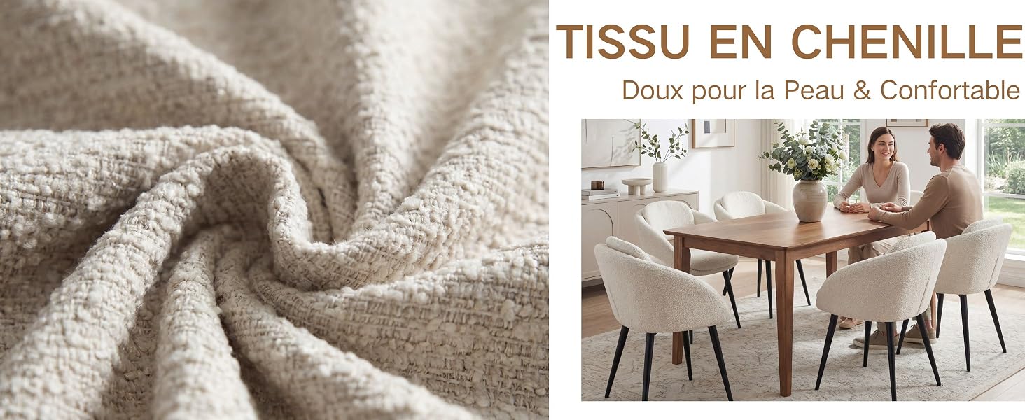 Le texte indique « TISSU EN CHENILLE » et « Doux pour la Peau &amp; Confortable ». La gauche montre un gros plan de la texture du tissu chenille de couleur crème ; la droite montre des meubles de salon avec des chaises rembourrées en chenille sur une table en bois.