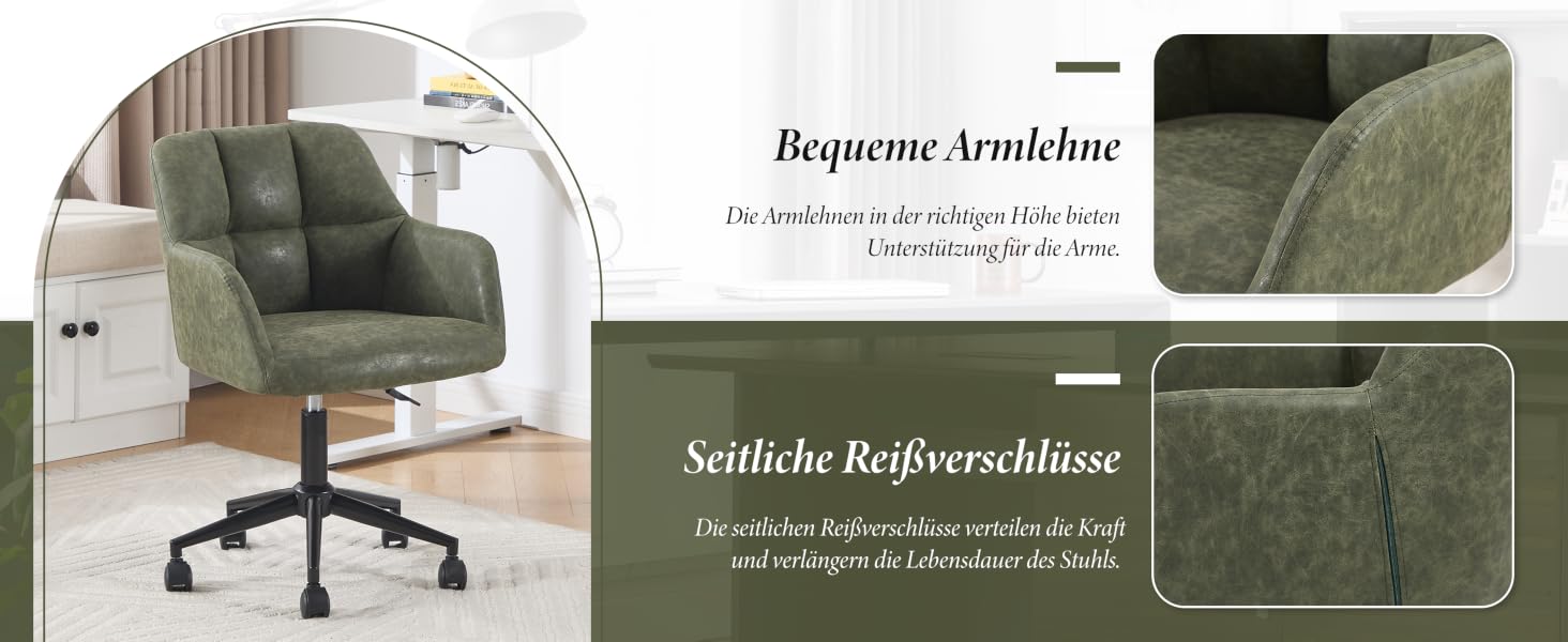 Der Text lautet „Bequeme Armlehne“ und „Seitliche Regrierverklüsse“. Mehrere Ansichten eines olivgrünen Bürostuhls mit verstellbaren Funktionen und ergonomischem Design.