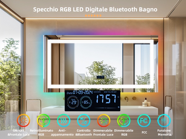 LUVODI Specchio RGB Digitale Bluetooth Bagno LED 120x60 cm Grande Specchio Musica Bagno con Led Luce