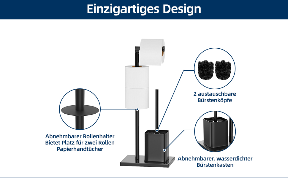 Einzigartiges Design. Enthält einen verstellbaren Toilettenpapierhalter, eine herausnehmbare Ablageschale und zwei Toilettenbürstenhalter.
