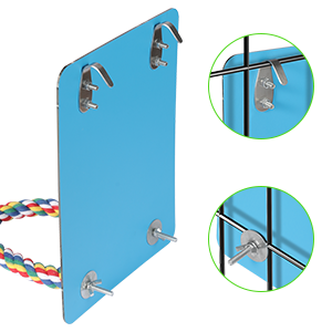 Technical diagram showing mounting bracket details in blue, with close-up views of corner attachments and mounting mechanisms.
