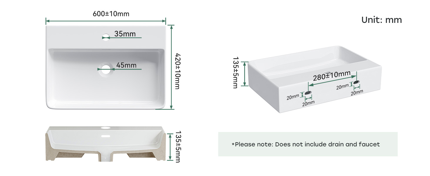 Technical diagram showing product dimensions in millimeters, with multiple views of a rectangular box-like item.