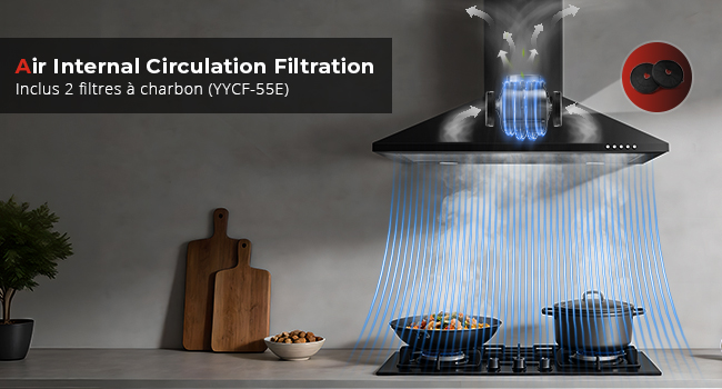 Le texte indique « Filtration de la circulation interne de l'air ». Illustration montrant une hotte de cuisine avec des lignes de circulation d'air bleues illustrant le système de circulation d'air interne au-dessus de la cuisinière avec ustensiles de cuisine.