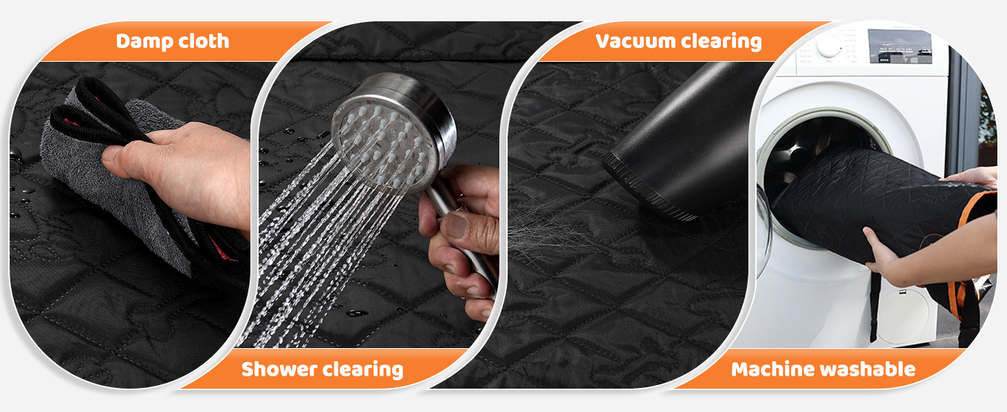 Text reads: 'Damp cloth', 'Shower cleaning', 'Vacuum cleaning', 'Machine washable'. Four-panel image showing fabric care instructions with demonstrations of cleaning methods.