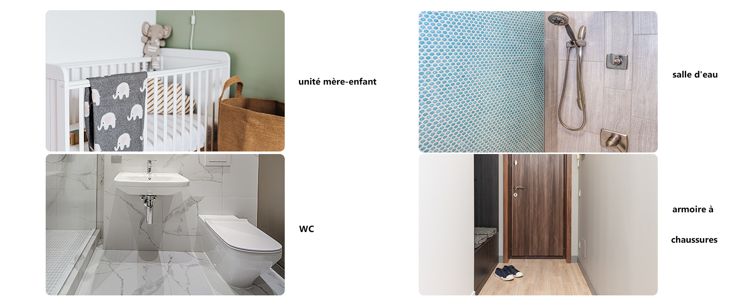 Deux images de salle de bain côte à côte. La gauche montre une chambre de bébé blanche avec berceau. La droite montre une zone de douche carrelée avec porte vitrée.