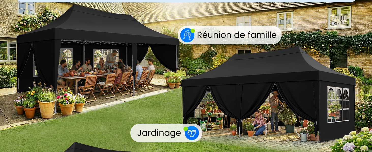 Le texte indique « Réunion de famille » et « Jardiénage ». Vue panoramique sur un espace de divertissement situé dans la cour avec un belvédère noir et des sièges extérieurs.