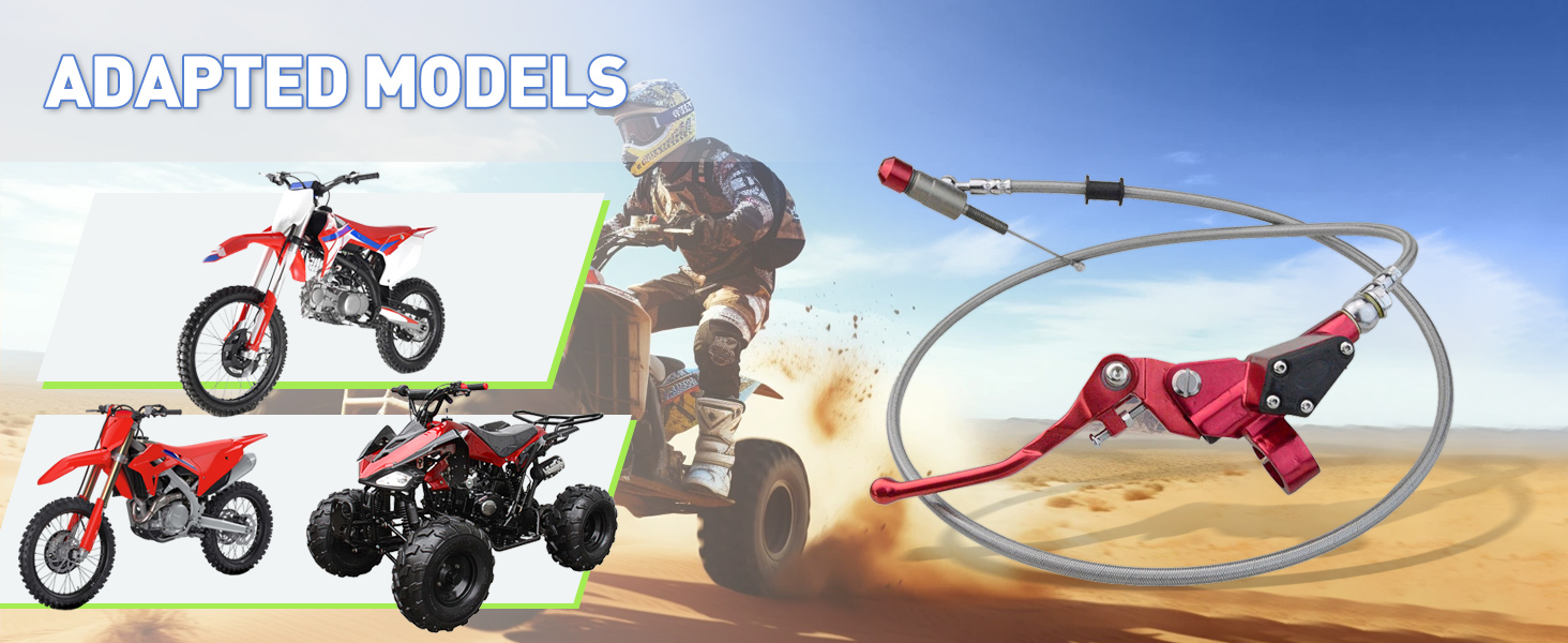 Outdoor action sports composite showing red dirt bikes, ATVs, and equipment against desert landscape background with 'Adapted Models' text.