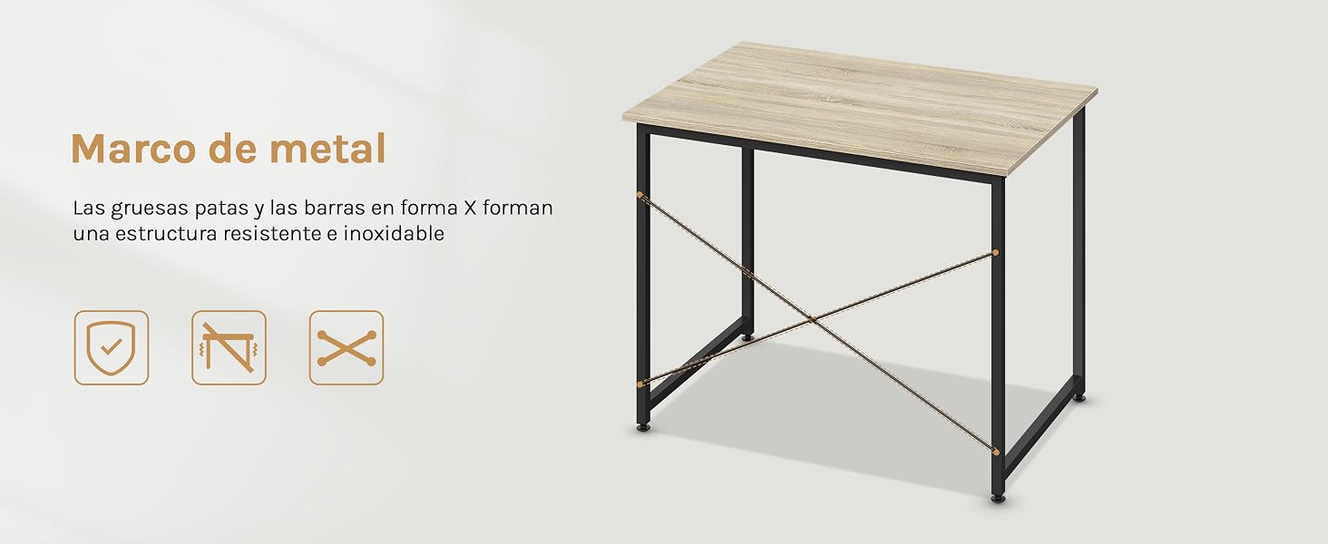 El texto dice «Marco de metal». La imagen del producto muestra un escritorio o mesa minimalista con una tapa de madera clara y un marco de metal negro con soporte en forma de cruz.