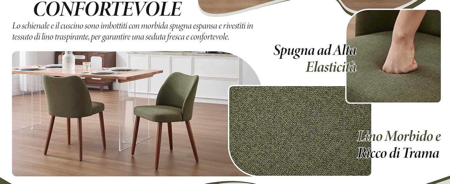 Il testo recita «CONFORTEVOLE». Pannelli multipli che mostrano sedie da pranzo imbottite in velluto verde e dettagli in tessuto in un ambiente elegante.