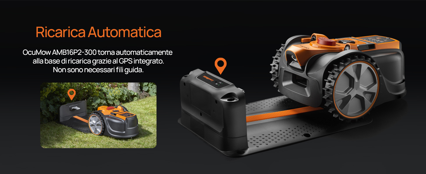 Il testo dice «Ricarica Automatica». Rasaerba robotizzato con stazione di ricarica nella foto, con design arancione e grigio.