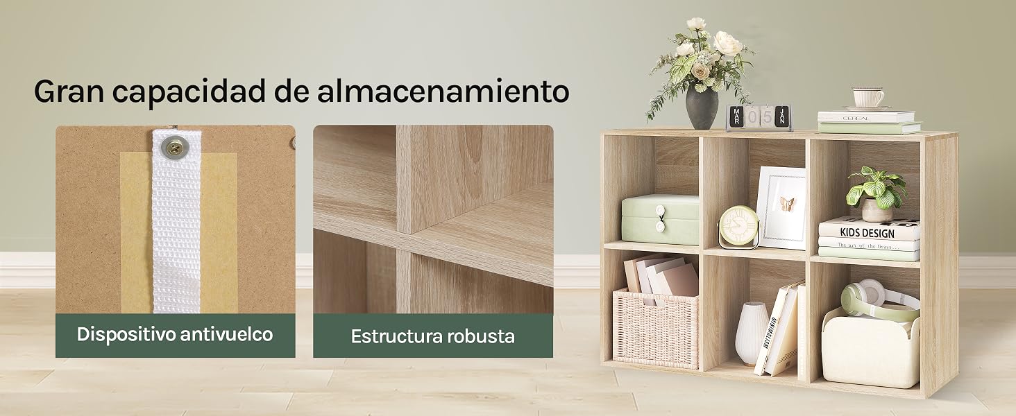 Estantes modulares de madera con múltiples compartimentos. El texto destaca «Gran capacidad de almacenamiento» (Gran capacidad de almacenamiento) y «Estructura robusta» (Estructura robusta)