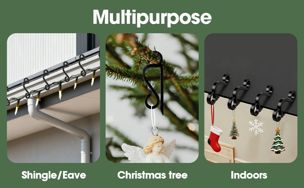 Text reads 'Multipurpose'. Product usage demonstrations showing outdoor and indoor applications including 'Shingle/Eave', 'Christmas tree', and 'Indoors' scenarios.