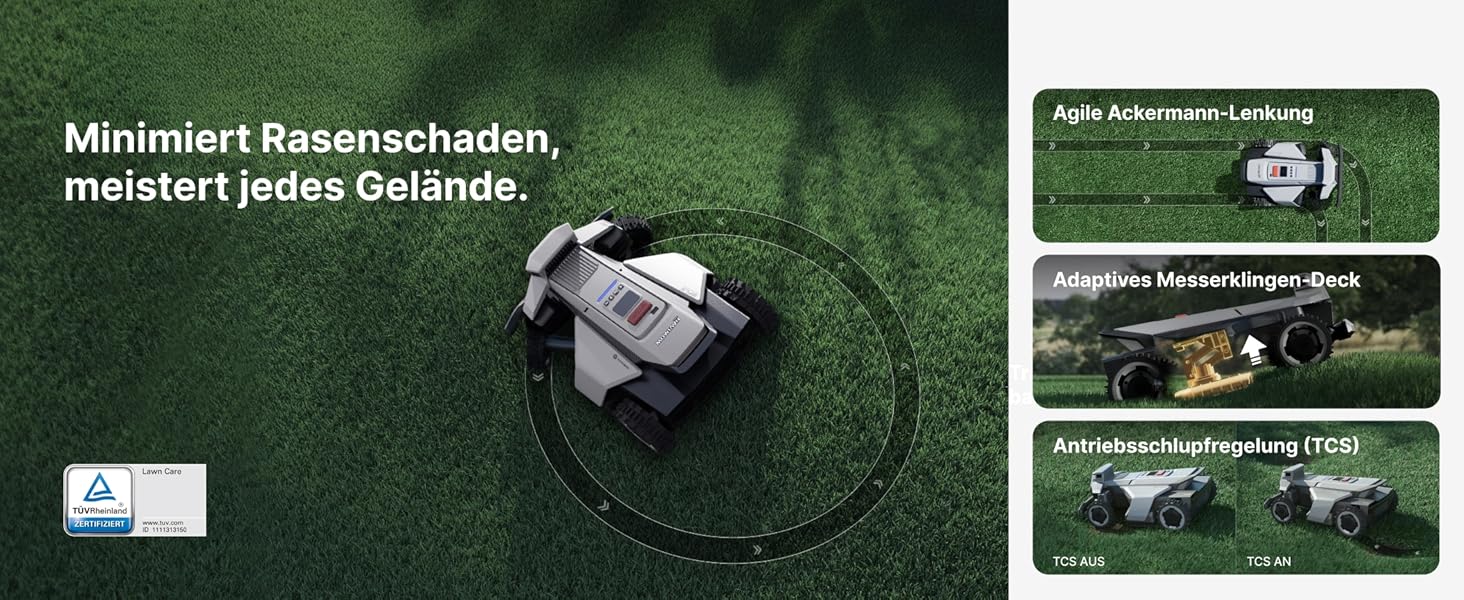 Der Text lautet: „Geringere Rasenschäden, meistert jedes Gelände.“ Rasenmähroboter auf Gras mit zusätzlichen Bedienfeldern zur Demonstration der Funktionen.