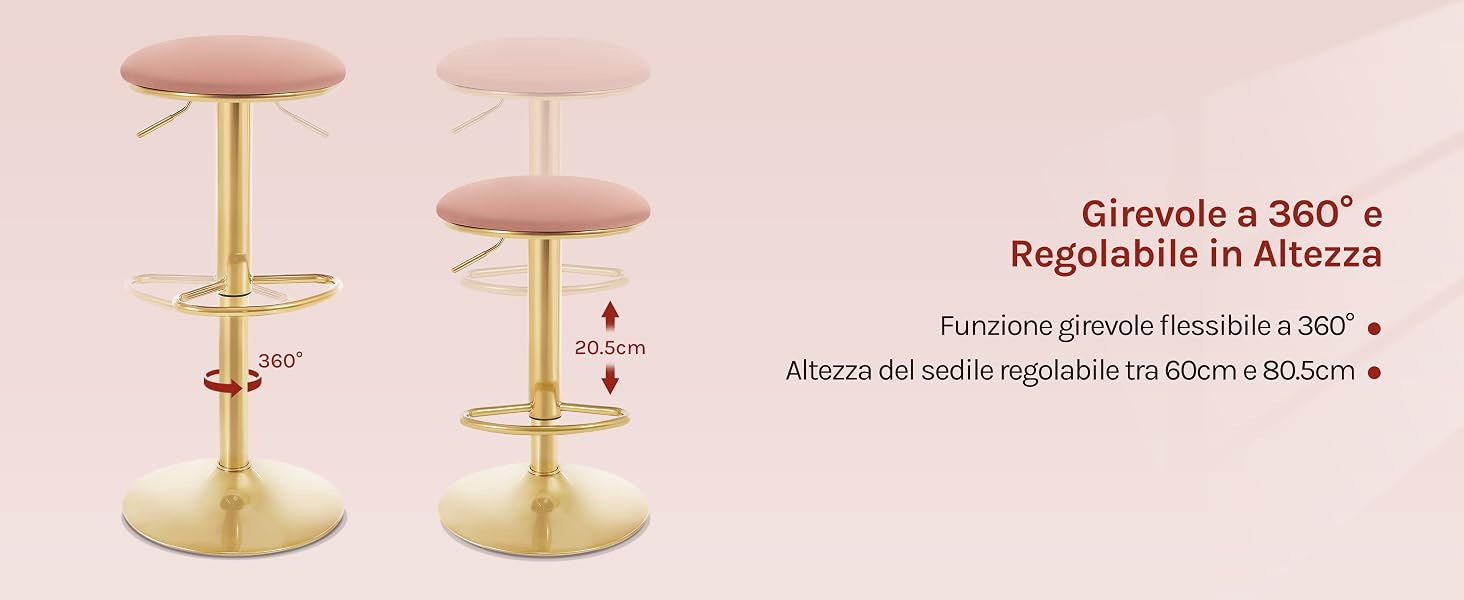 Due sgabelli da bar regolabili con sedili circolari rosa e basi dorate. Dispone di rotazione a 360 gradi e regolazione dell'altezza da 60 cm a 82,5 cm. Gli sgabelli sono mostrati a diverse altezze