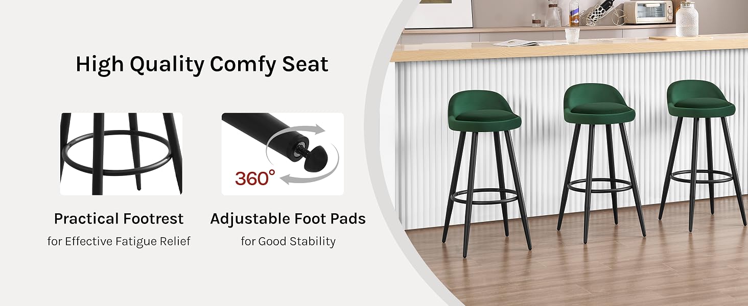Bar stools with green upholstered seats and black metal frames. Image highlights features: practical footrest, adjustable foot pads, and 360-degree swivel seat labeled as 'High Quality Comfy Seat'.