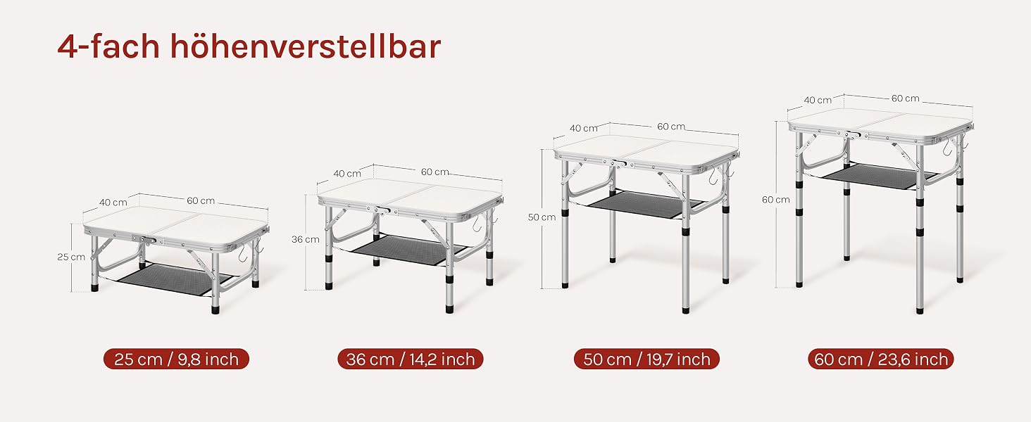 Der Text lautet „4-fach höhenverstellbar“. Technisches Diagramm, das vier höhenverstellbare Tische oder Ständer in aufsteigender Größe zeigt. Die Maßangaben sind jeweils unten aufgeführt.