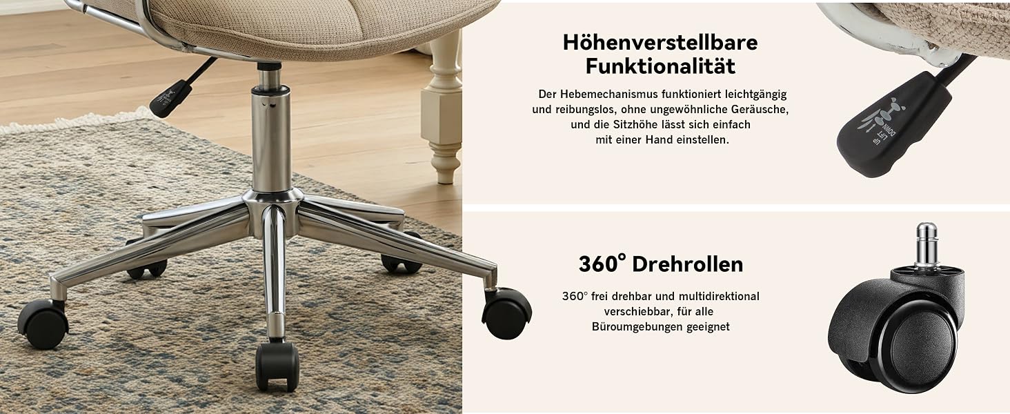 Der Text lautet: 'Höhenverstellbare Functionalität' und '360° Drehrollen'. Das Produktdiagramm zeigt den höhenverstellbaren Mechanismus und die um 360 Grad drehbaren Räder für Möbel.