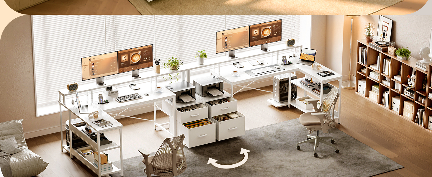 Le texte se lit comme suit : « Image 1 ». Espace de bureau moderne à aire ouverte avec des bureaux blancs disposés en rangées, des chaises ergonomiques, des panneaux décoratifs en bois sur les murs et des étagères de rangement intégrées le long du mur arrière.