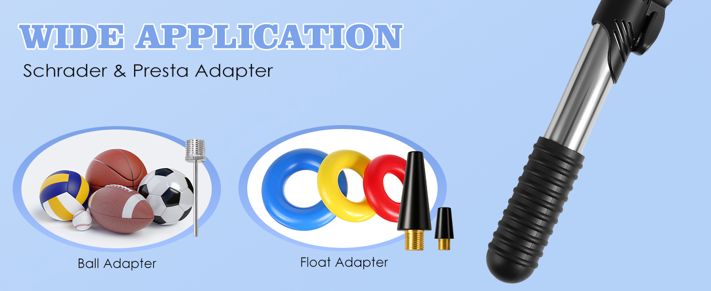 avec une large application. Comprend un adaptateur de balle pour équipement de sport et un adaptateur de flotteur avec anneaux colorés. Le manche de la pompe est visible sur la droite.