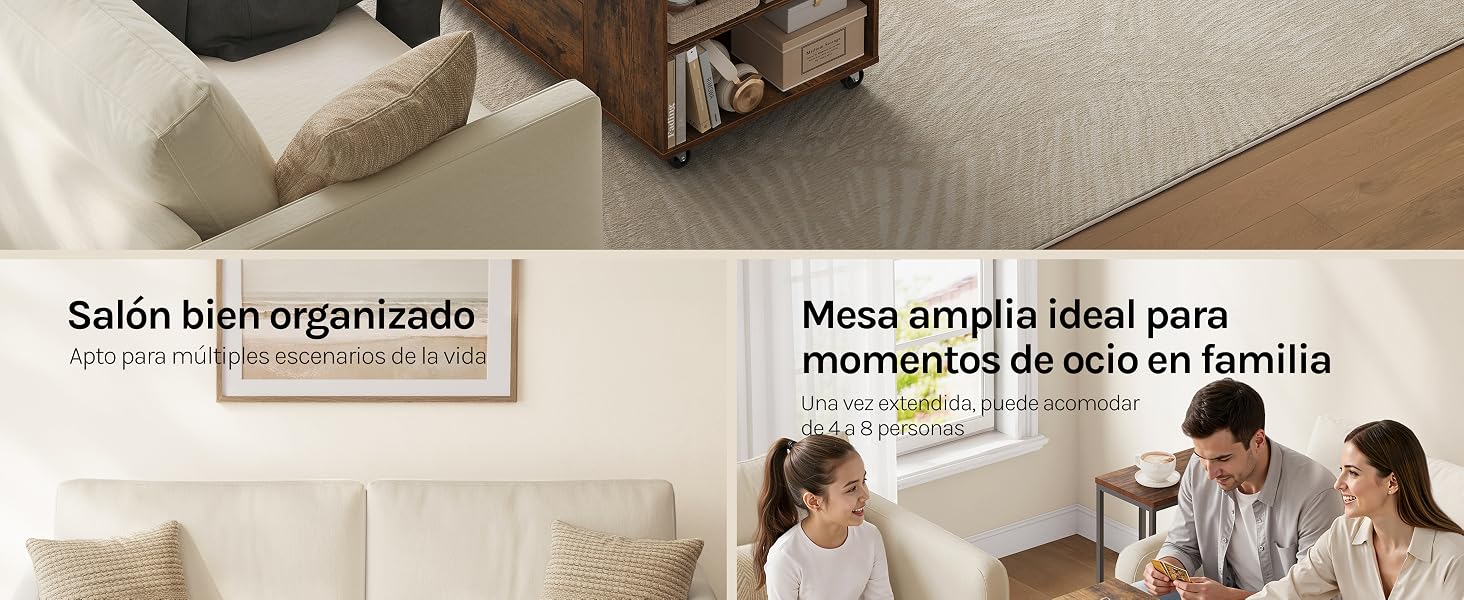 El texto dice «Salón bien organizado» [panel izquierdo] y «Mesa amplia ideal para momentos de ocio en familia» [panel derecho]. Imagen dividida que muestra estanterías de almacenamiento organizadas y familia jugando en la mesa del comedor.