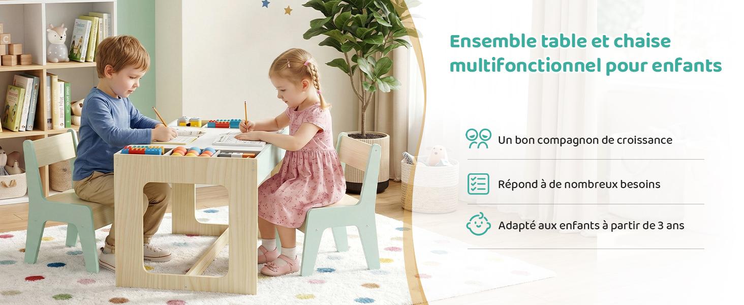 Le texte se lit comme suit : « Ensemble table et chaise multifonctionnel pour enfants », « Les sets comprennent de nombreuses », « Mignonld à de nombreuses briques », « Adapté aux enfants à partir de 3 ans ». Ensemble table et chaise pour enfants en bois naturel avec deux enfants jouant, avec compartiments de rangement.