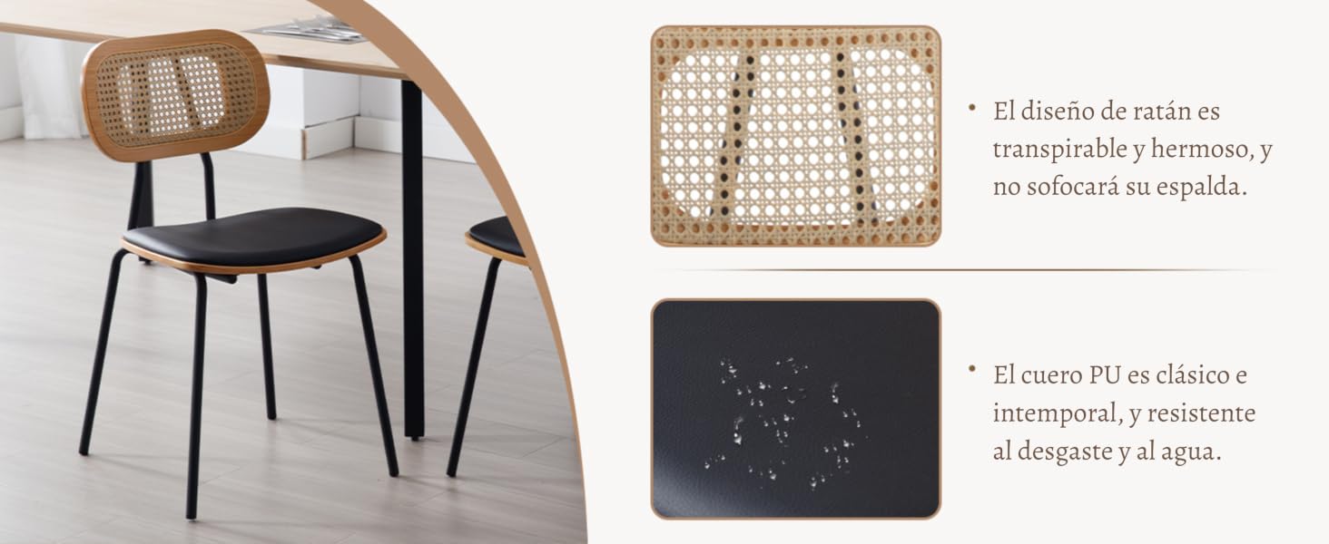 Los diseños modernos de sillas de comedor se muestran desde diferentes ángulos, con una estructura de madera clara y un asiento y respaldo tejidos de caña o ratán.