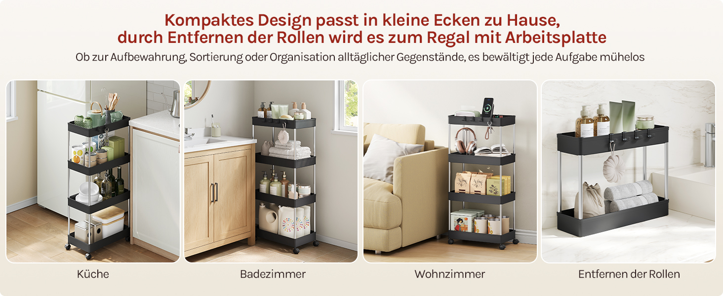 Der Text lautet „Kompaktes Design passt in kleine Ecken zu Haus“. Sequentielle Bilder, die ein zusammenklappbares Schreibtischsystem an einer Wand zeigen, wie kompakt es verstaut und aufgestellt werden kann.