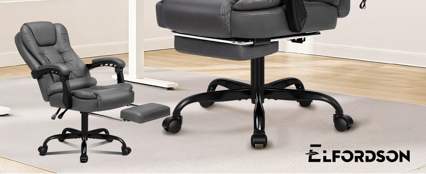 Text reads 'ELFORDSON.' Gray office chair with black base and wheels positioned next to black office desk on light wood flooring.